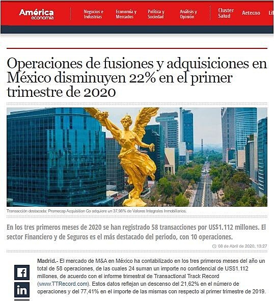 Operaciones de fusiones y adquisiciones en Mxico disminuyen 22% en el primer trimestre de 2020